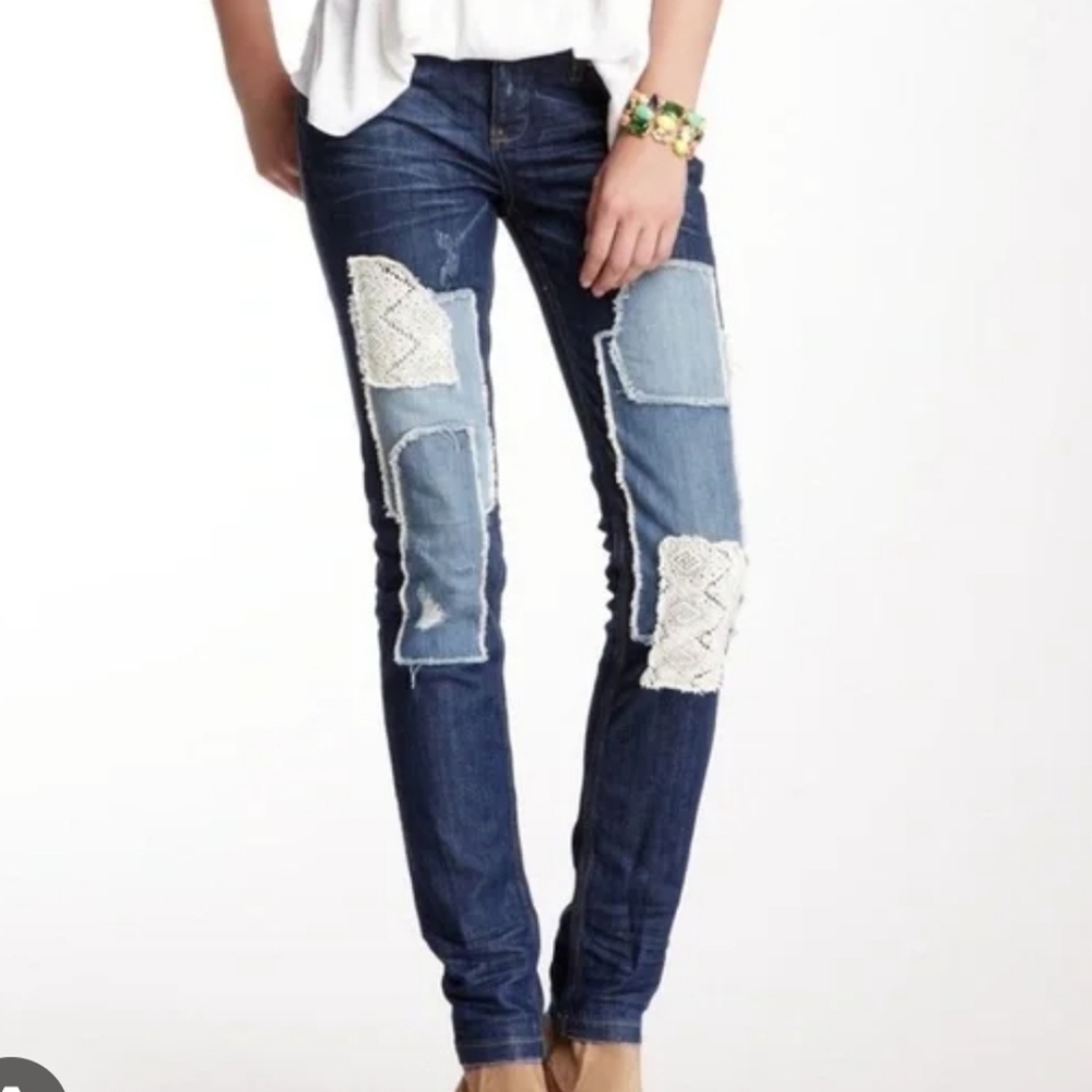 Free People Haynes Jeans Crochet Lace Patchwork Skinny Denim 27 Pants - Picture 3 of 13